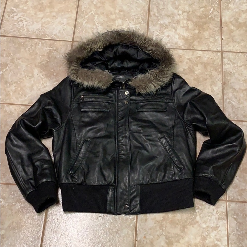 (SOLD) Leather jacket with fur trimmed hood